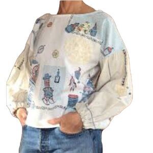 PRIM STARGAZER Boho Cottagecore Blouse Patches Embroidery White Blue One Size